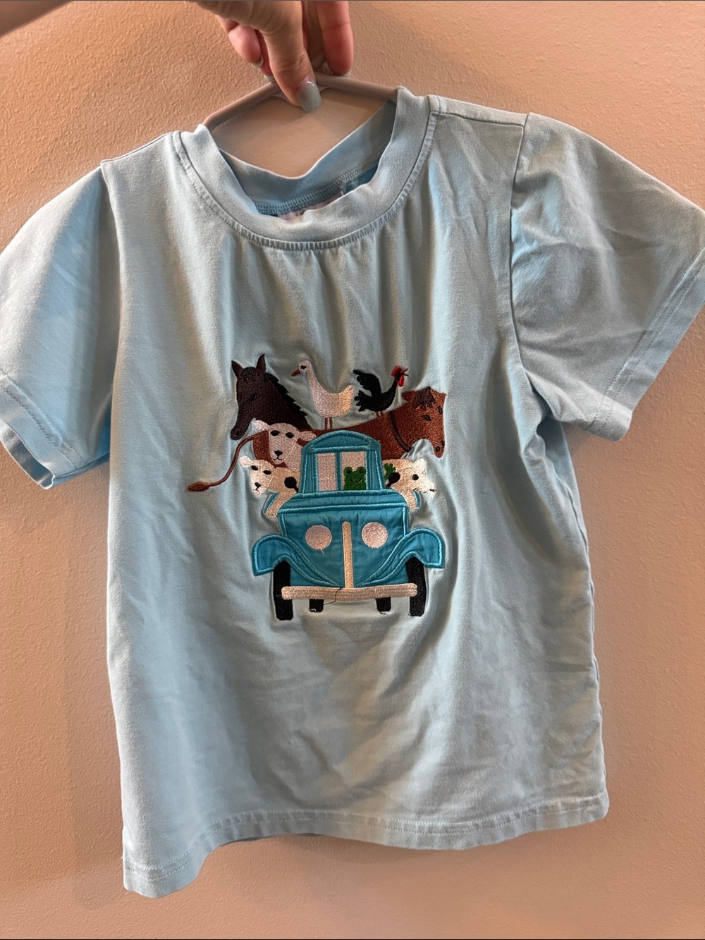 Light Blue Kids Short Sleeve Tee with Farm Animal & Car Applique